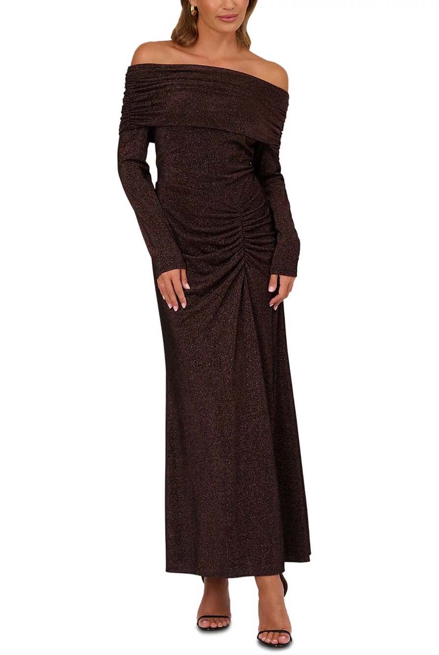Adrianna Papell Brown Evening Gown Off the Shoulder Long Sleeve Dress Size 12